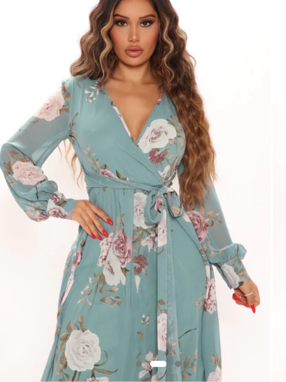 Fashion Nova Garden Escape Maxi Dress Teal Sold Out Large Floral Wrap Tie Waist